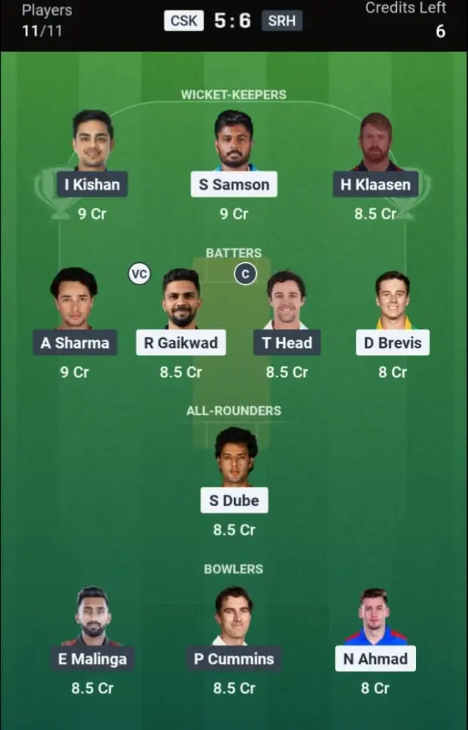 CSK VS SRH Dream11 Prediction Small League Team
