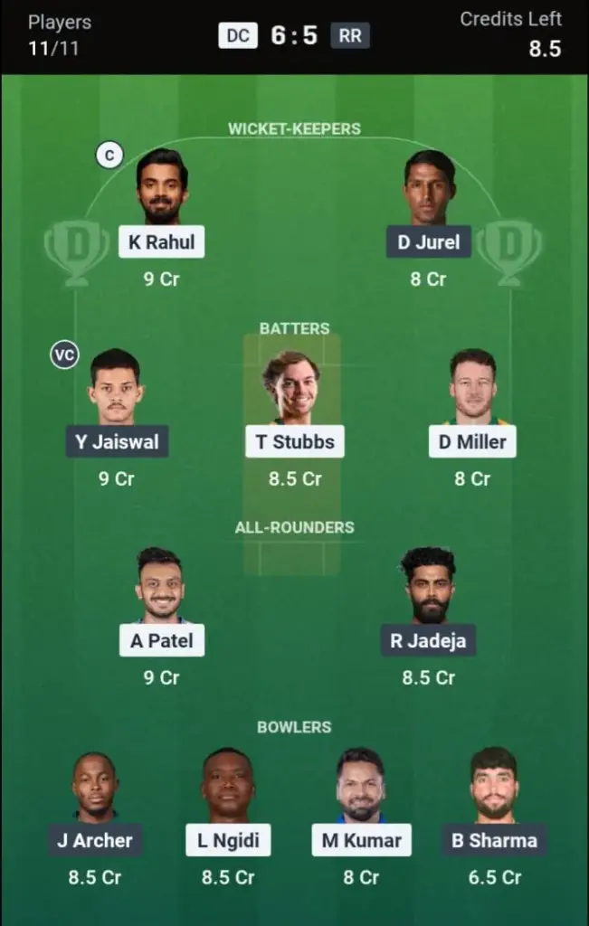 DC VS RR Dream11 Prediction Small League Team