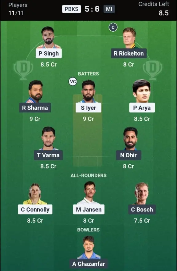 PBKS VS MI Dream11 Prediction Grand League Team