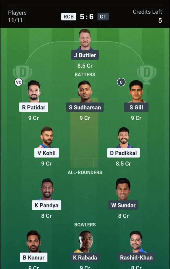 RCB VS GT Dream11 Prediction Small League Team