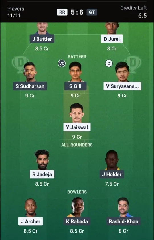 RR VS GT Dream11 Prediction Grand League Team