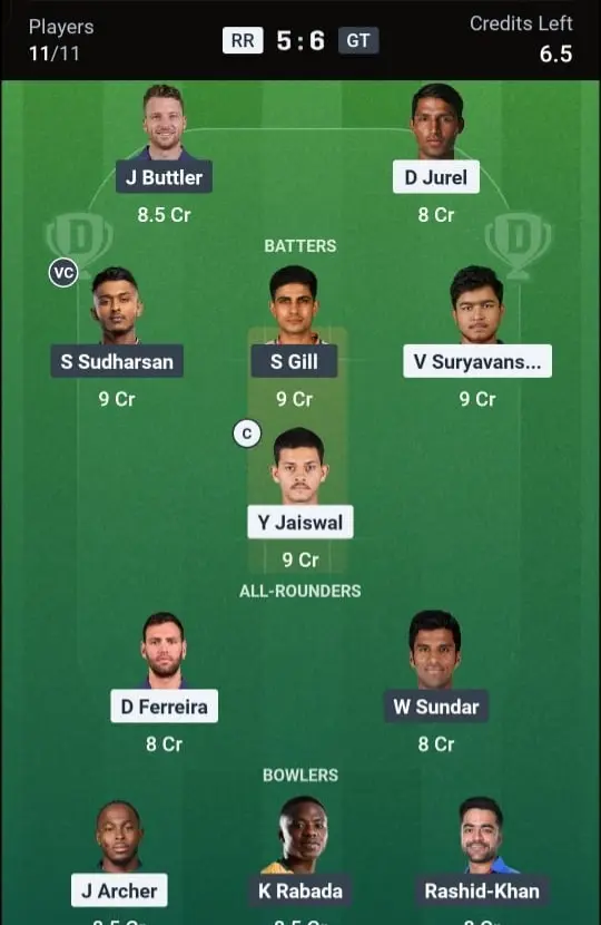 RR VS GT Dream11 Prediction Small League Team