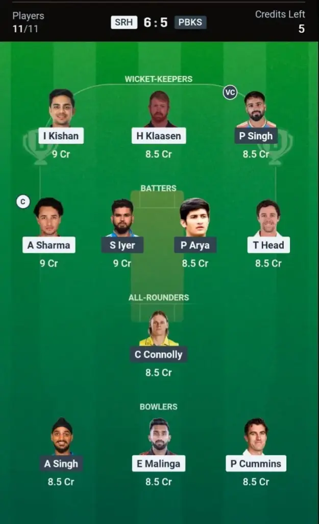 HYD vs PUN Dream11 Prediction – Grand League Team