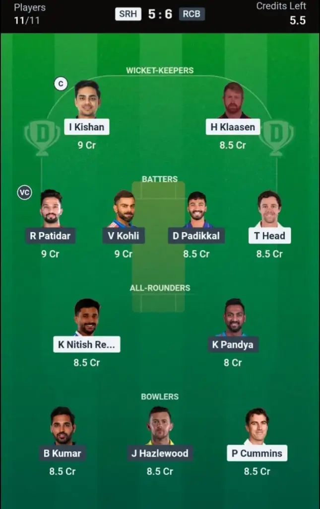 SRH VS RCB Dream11 Prediction Grand League Team:
